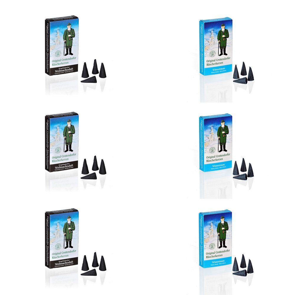 Crottendorfer Duftkerze 6er Set Wintertraum / Erzgebirgischer Weihnachtsduft, Räucherkerzen Größe M - Inhalt jeweils 24 Stück - Made in Germany