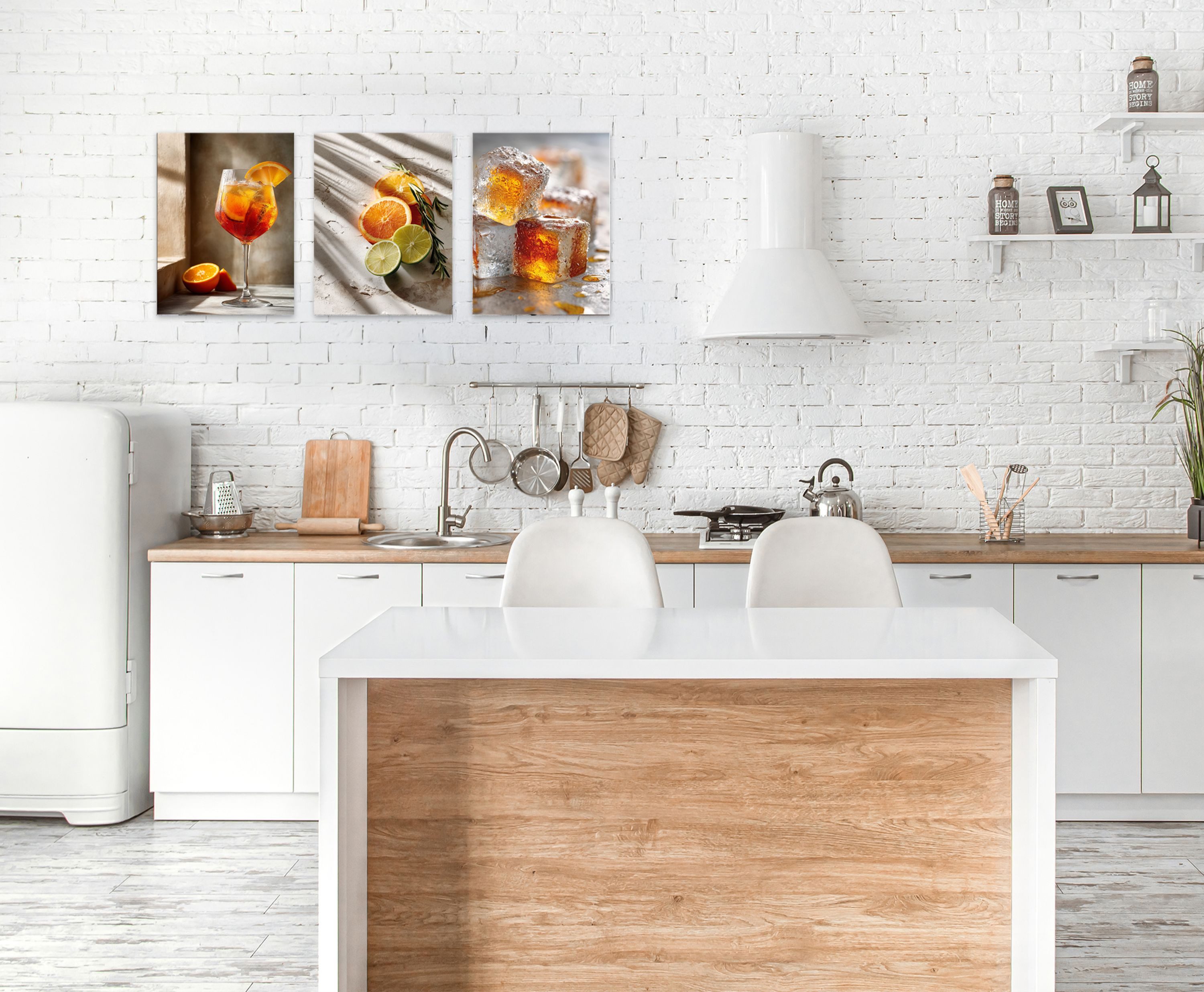 artissimo Mehrteilige Bilder Wandbilder-Set 3er-Set Küche / moderne Küchendeko / Esszimmer, Stillleben: Cocktail Aperol Spritz in orange beige