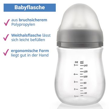 MiaMia Babyflasche PP-Flasche - Grau, 2er Pack Babyflasche 140 ml + Silikon-Trinksauger Größe S