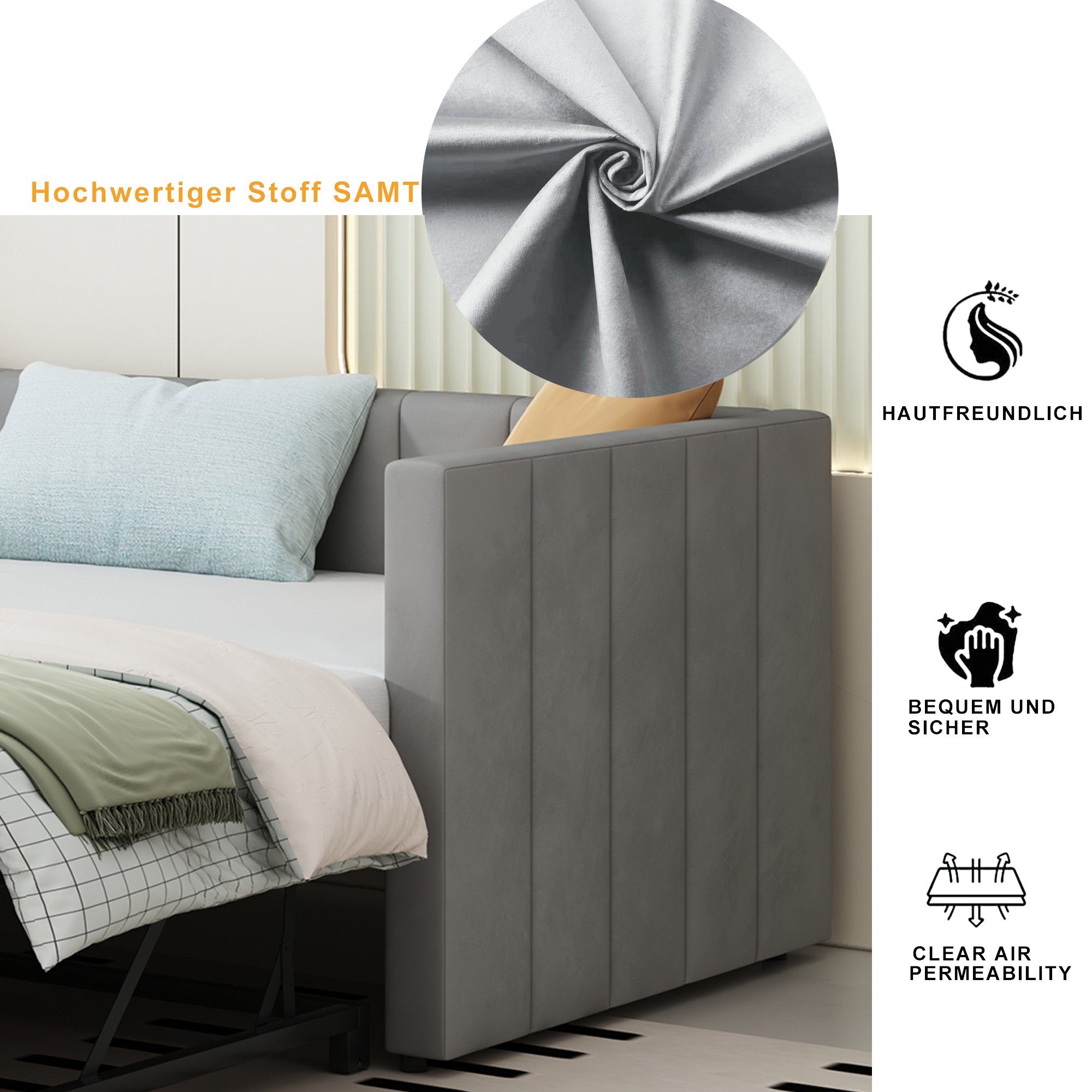 hautfreundlichem Multifunktionsbett Samtstoff), grau2 Schlafsofa Kinderbett ohne Doppelbett, Lattenrosten cm, Polsterbett REDOM aus Funktionsbett Matratze mit (90/180*200