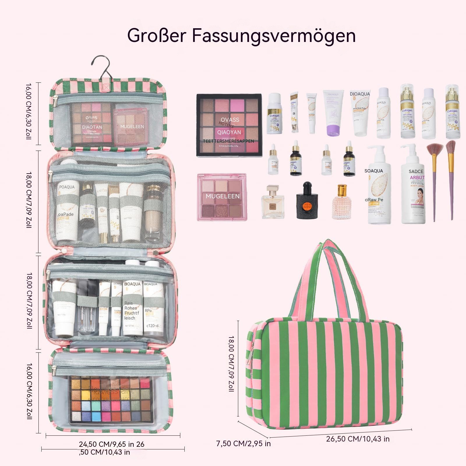 Zyronn Kulturbeutel Reise Kulturtasche Damen, Wasserabweisende Kulturbeutel mit Nassfach, Stilvolle, gestreifte Kosmetiktasche mit Haken – Bild 4 von 5