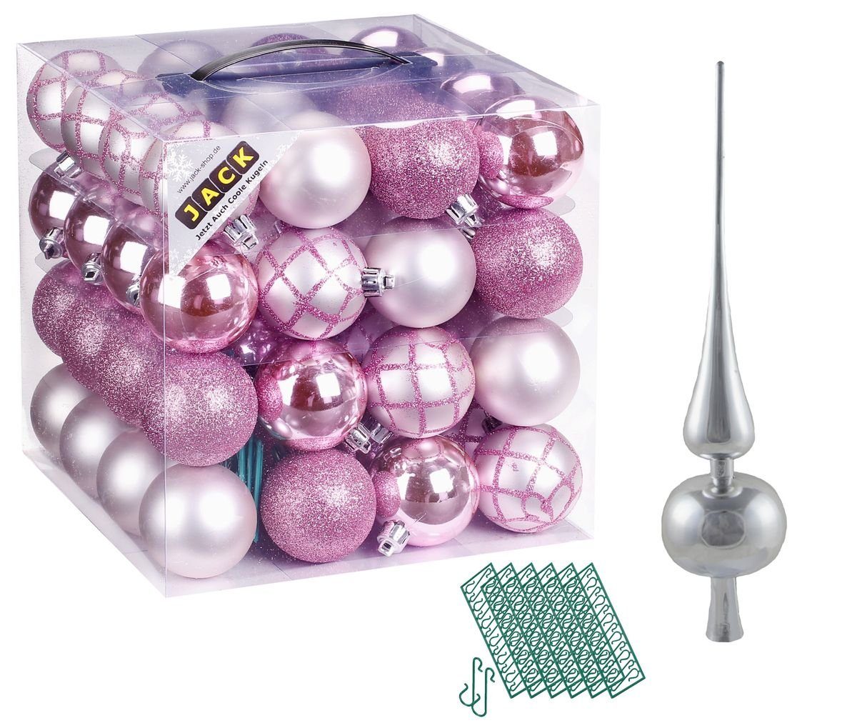 JACK Christbaumschmuck JACK 64x Kunststoff Christbaumkugeln Ø6cm + Spitze 28cm inkl Aufhänger, Kugeln: Rosa, Spitze: Silber