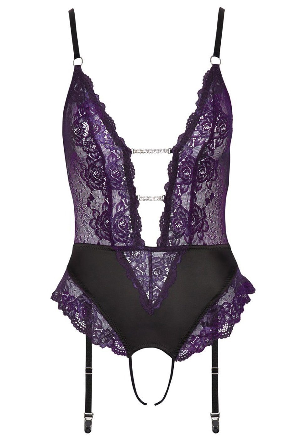 Cottelli Collection Body Ouvert Body mit Strumpfhaltern und Spitze - schwarz, lila (1-tlg) 2 Glitzerketten im tiefen Dekolleté