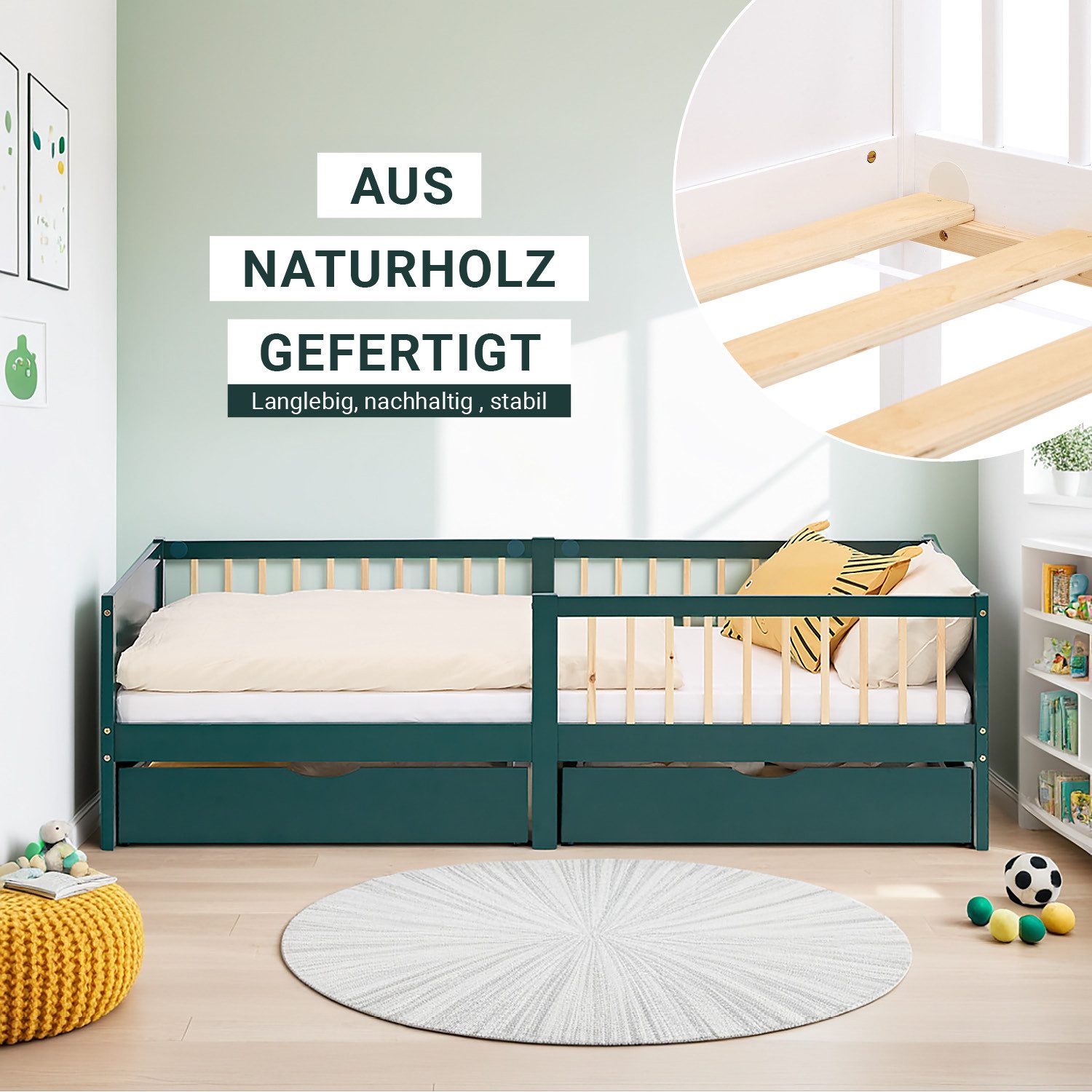 Homestyle4u Kinderbett 90x200 2 Bettkästen Weiß Natur Grün Rausfallschutz Gitterbett Stauraum (Set, mit Lattenrost), Grün, Bettkasten/Schublade, Kiefer