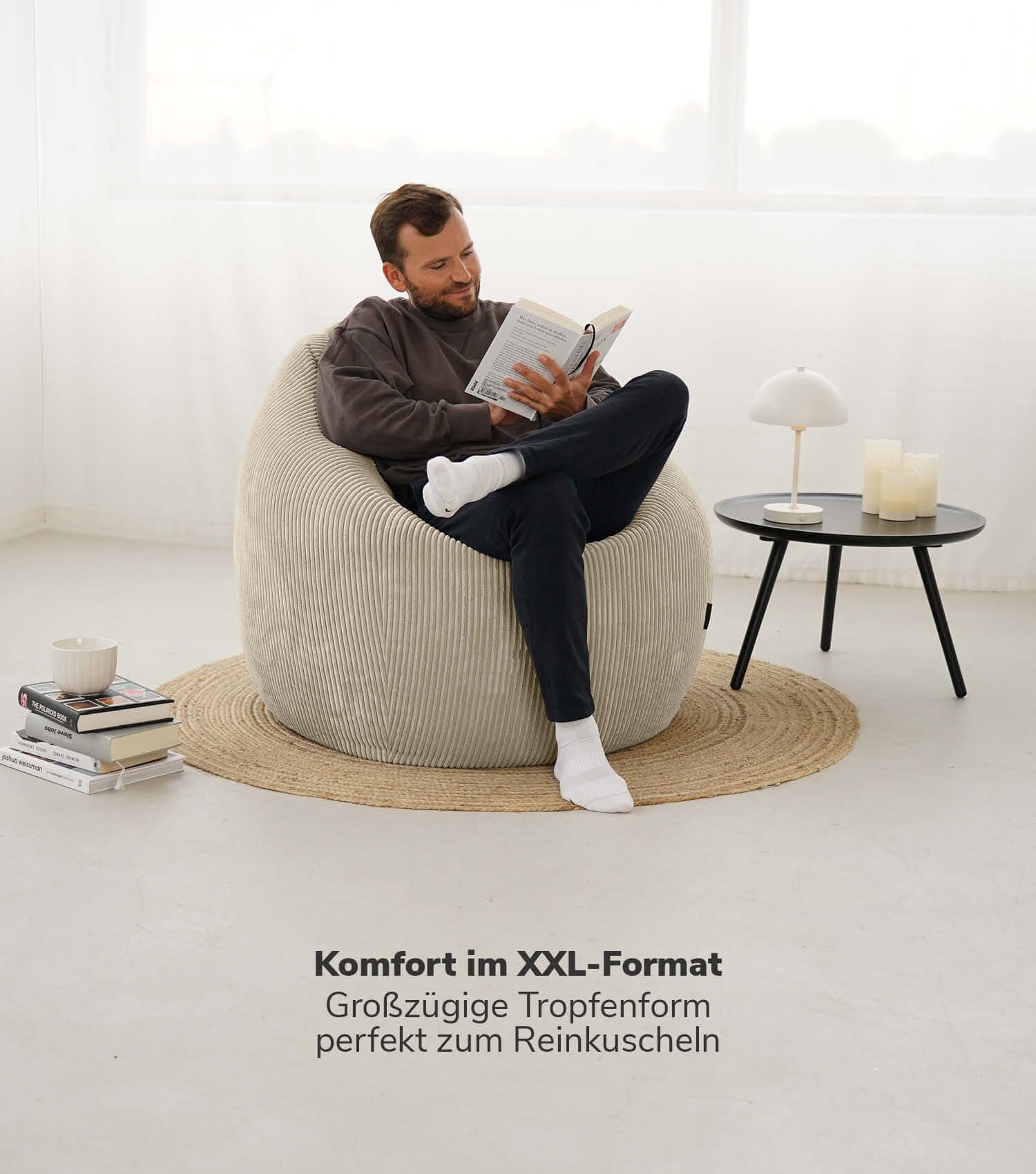 mokebo Sitzsack Der Tagträumer (aus Cordstoff), Bean Bag XXL aus Cord in Beige, Sitzkissen, Gaming Stuhl, Bodenkissen