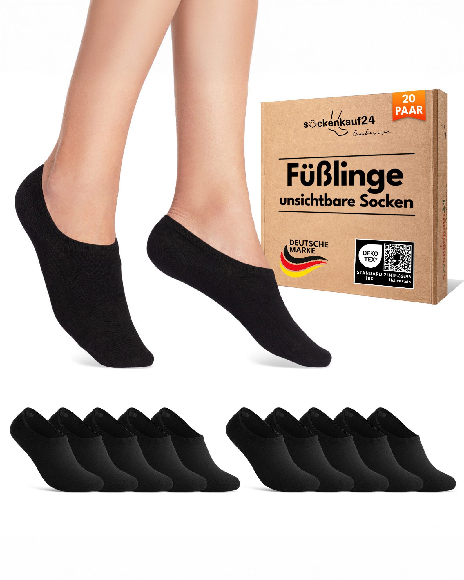 sockenkauf24 Füßlinge 10 Paar Premium Füßlinge Sneaker Socken Damen Herren Baumwolle (20-Paar) invisible Socks ohne Naht mit Silikonpad gegen Verrutschen - 70106T