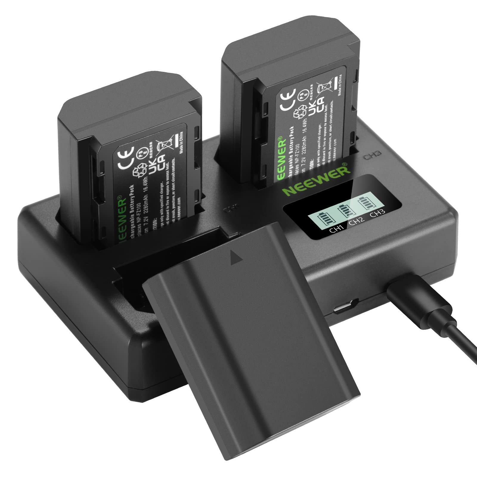 Neewer Ersatzakku und Ladegeräteset für NP-FZ100, 2280mAh Akku, USB Ladegerät Kamera-Akku (1 St), 3 Akkus, DREI Steckplätzen, für Sony A7IV A1 A9II FX30 A6700 ZV-E1