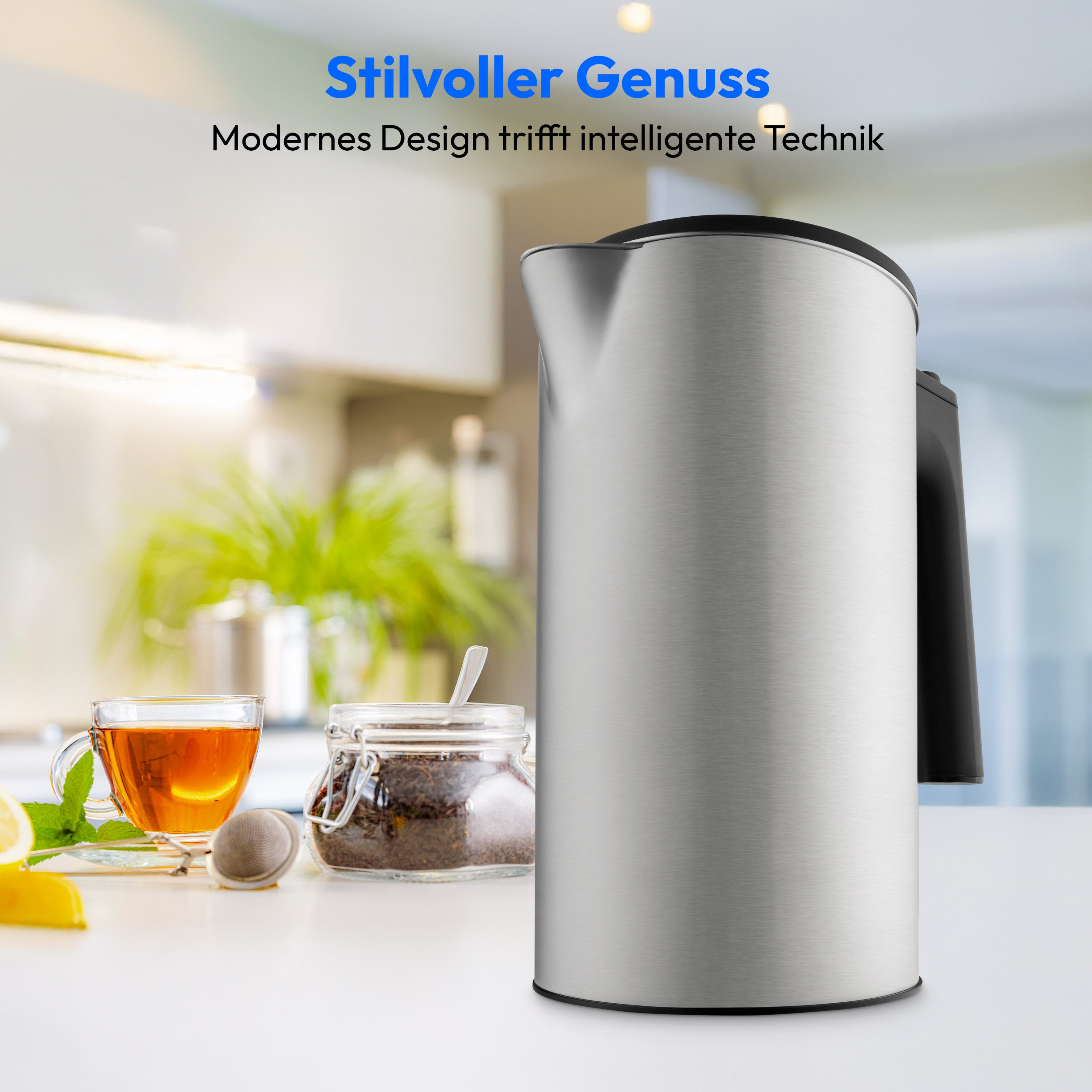 Medion® Wasserkocher MD12106, 1,5 l, 2200 W, 2.200 W, 1,5 L, LED-Display, Sensor-Touch Bedienung, Kindersicherung