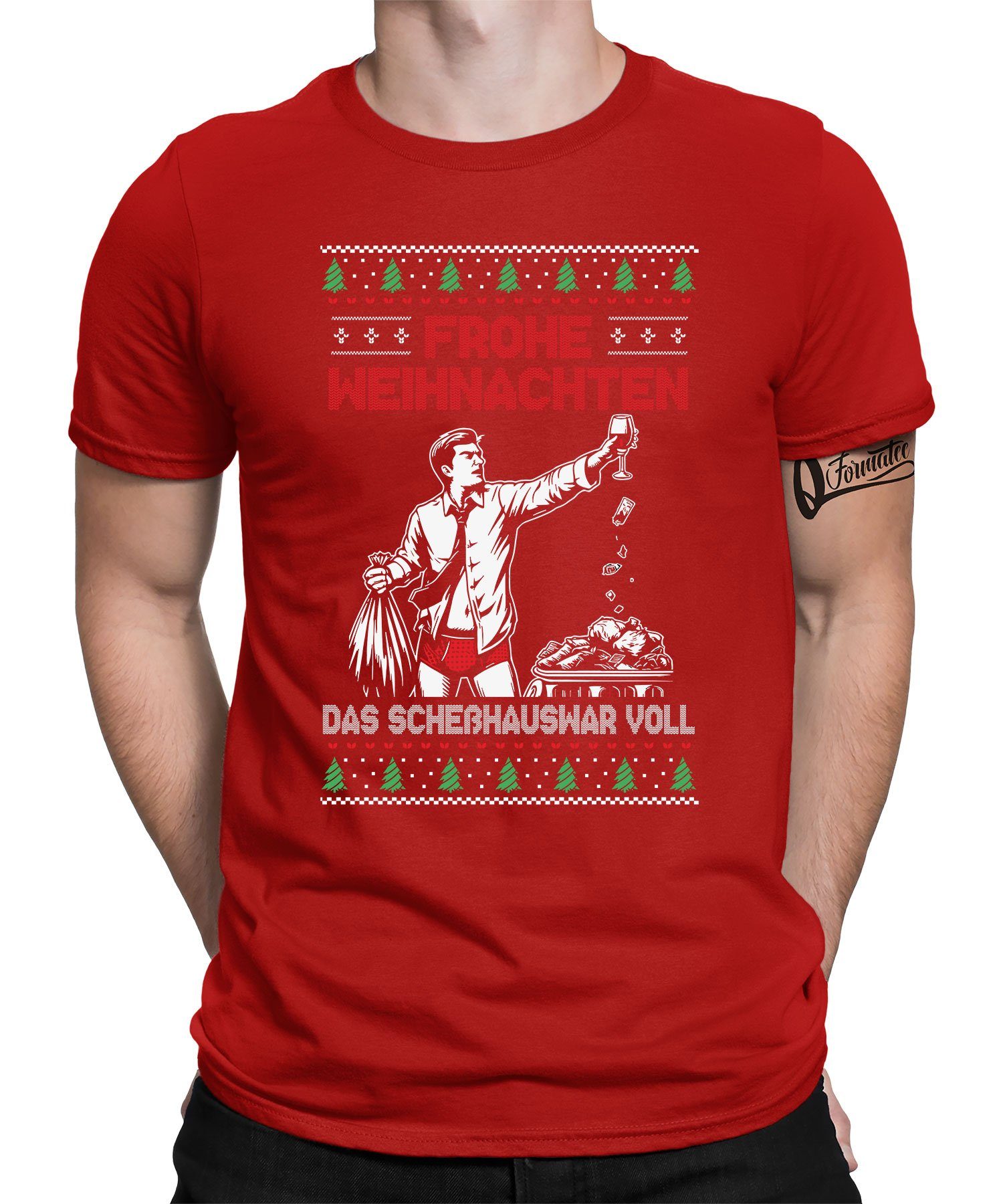 Quattro Formatee Kurzarmshirt Frohe Weihnachten Scheißhaus - Weihnachten X-mas Christmas Herren (1-tlg) Rot