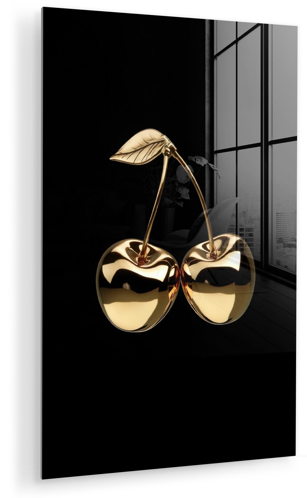 MuchoWow Acrylglasbild Kirsche - Schwarz - Gold - Chrom, Inkl. Aufhängung, Dekorative Bild für Küche & Wohnzimmer auf Glas, 20x30 cm