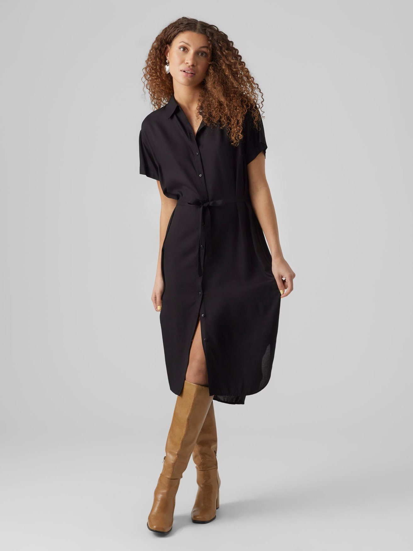 Vero Moda Shirtkleid Leichtes Kurzärmliges Basic Midi Kleid VMBUMPY (lang) 5760 in Schwarz
