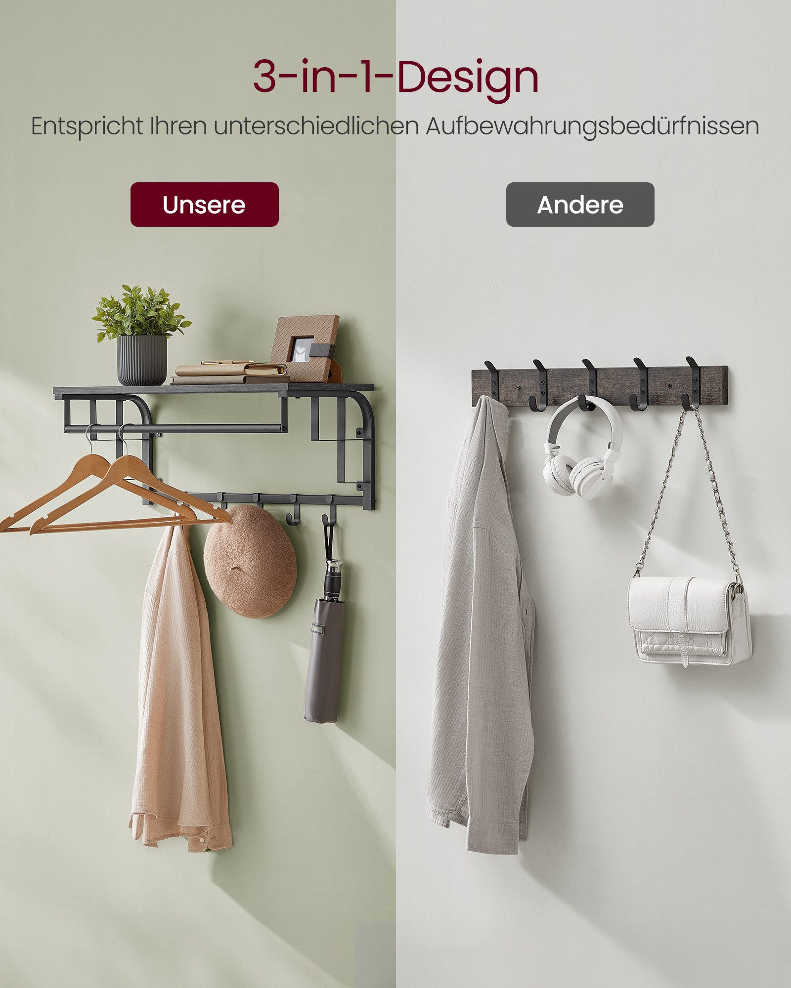 VASAGLE Wandgarderobe mit Ablage, Wandregal, mit 5 abnehmbaren Hakenfür Flur, Schlafzimmer, wandmontiertes Hängeregal mit Hängestange, 30 x 66 x 27 cm