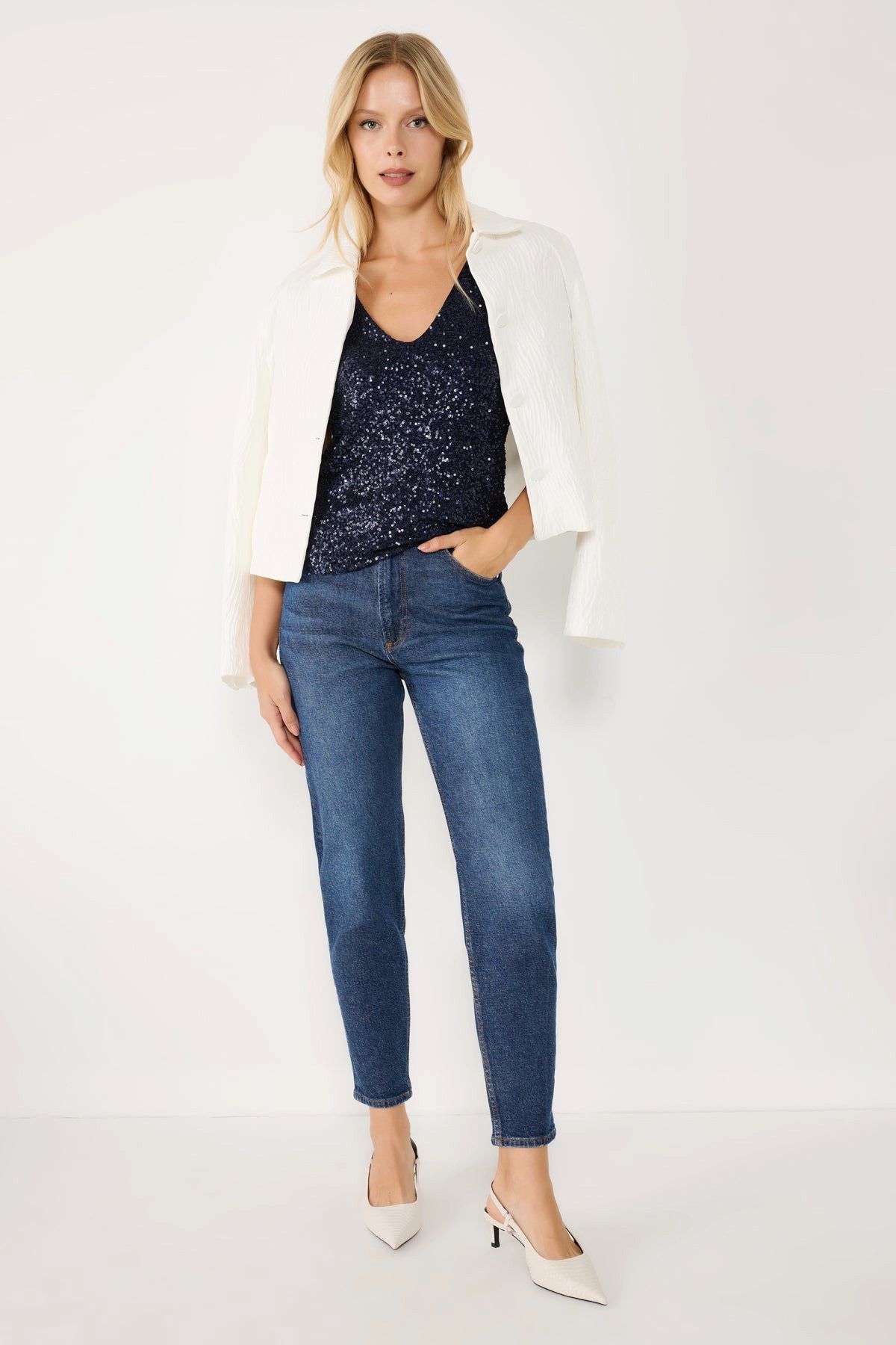 No Matter What Blusentop Navy Blaue V-Ausschnitt Bluse mit Pailletten günstig online kaufen