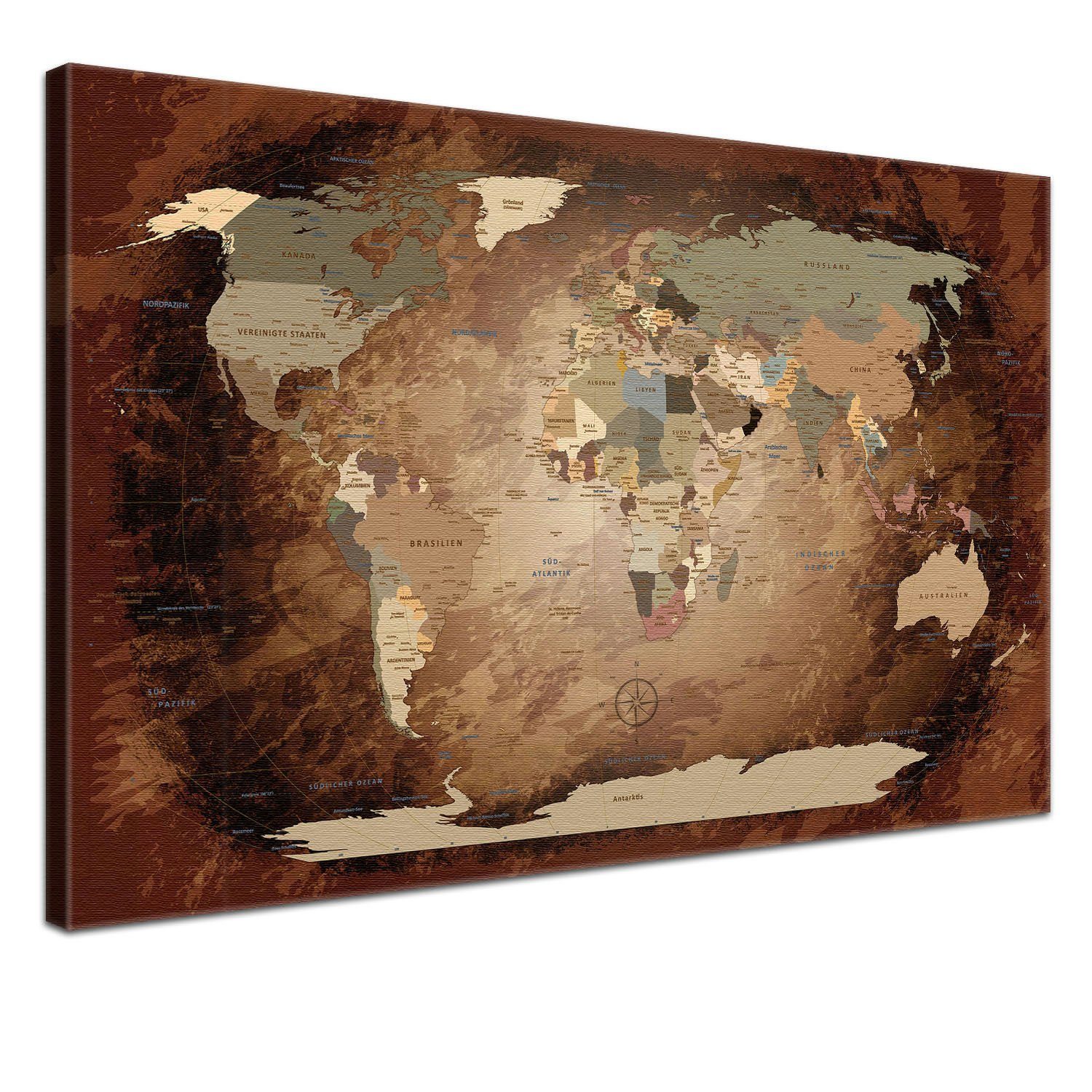 LANA KK Leinwandbild Weltkarte Pinnwand zum markieren von Reisezielen, deutsche Beschriftung Intensive