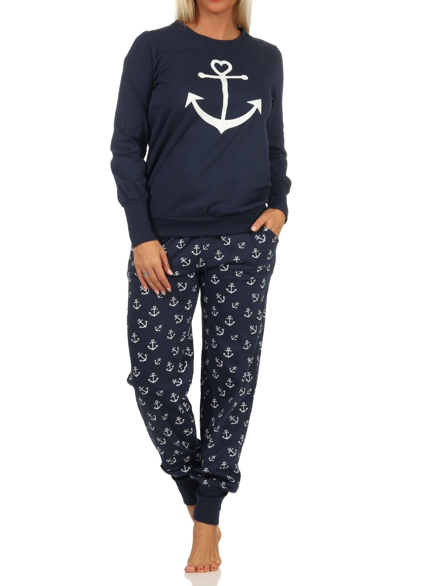 Pyjama Damen Schlafanzug mit Bündchen in maritimer Optik mit Anker als Motiv