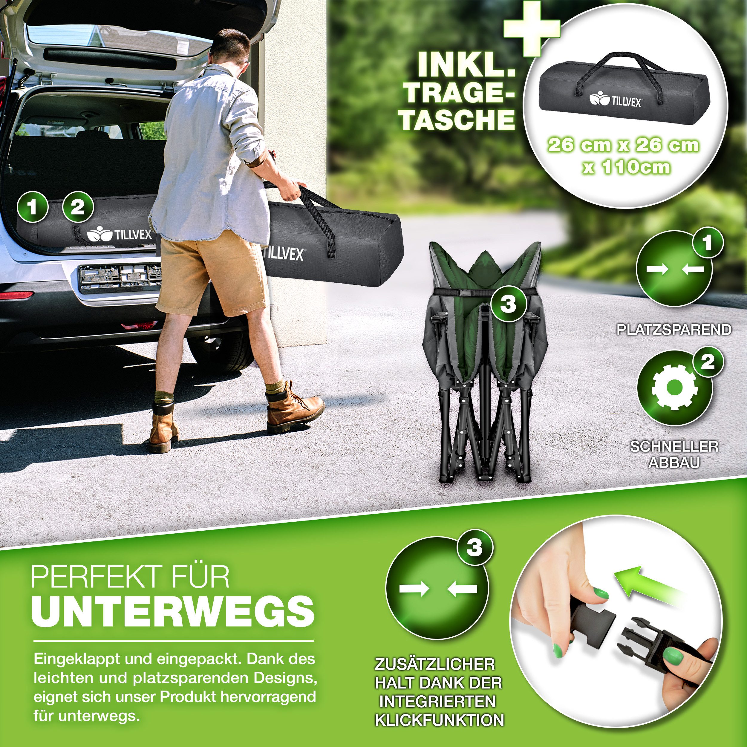 tillvex Feldbett tillvex® Campingbett klappbar mit Tragetasche, Campingliege extra (Klappbett Gästebett faltbar Garten Camping Angeln Festival Reise, Karpfenliege für Outdoor & Indoor) transportieren
