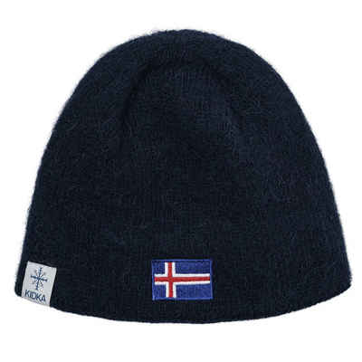 KIDKA Strickmütze Wollmütze mit Island Flagge Aufnäher - aus isländischer Schurwolle (rau)