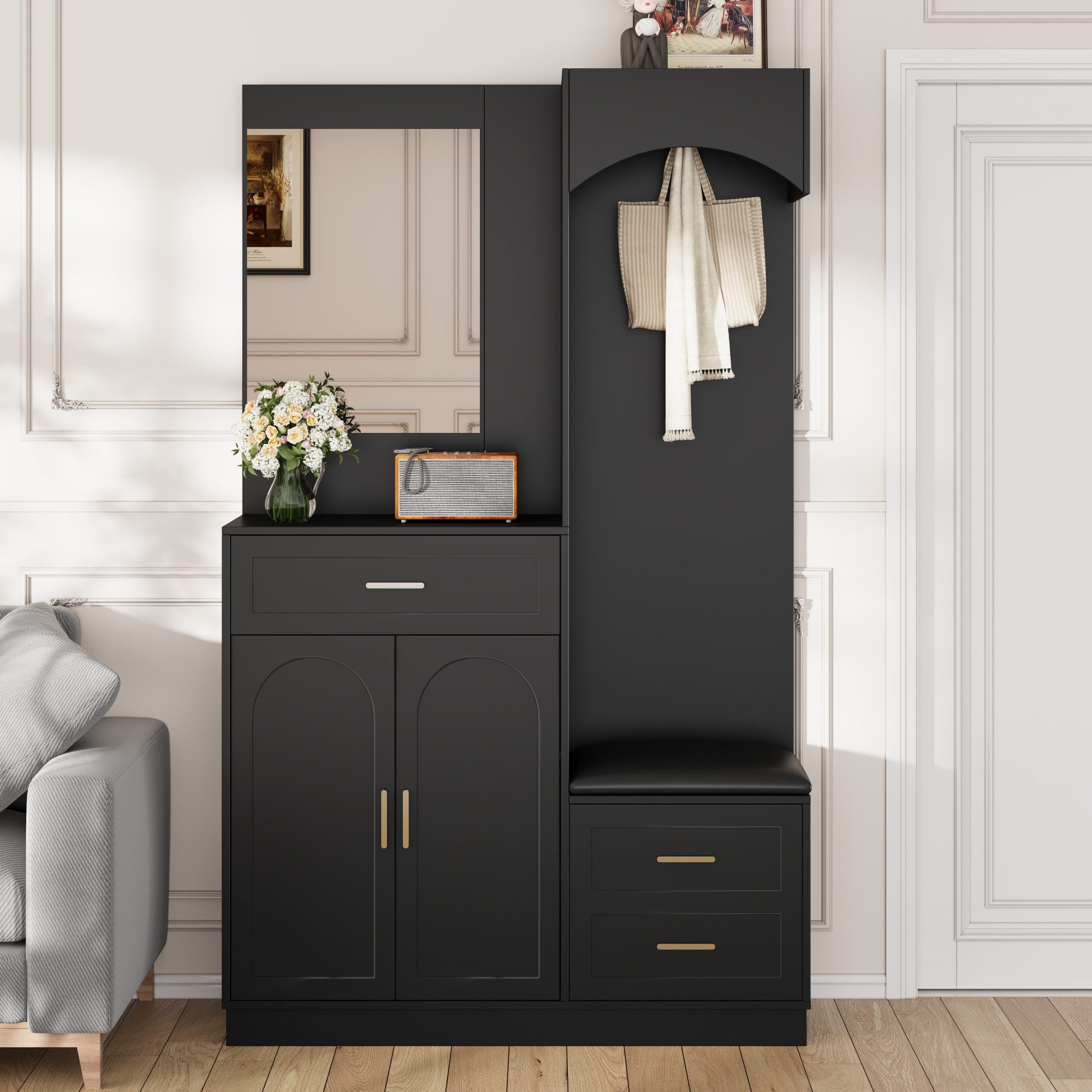 REDOM Garderoben-Set Multifunktions-Flurschrank Schuhschrank, (Garderobenständer, Kinderkleiderschrank, 1-St., 110 x 33 x 185.5 cm), mit Garderobe, Schuhschrank, Spiegel und Sitzbank