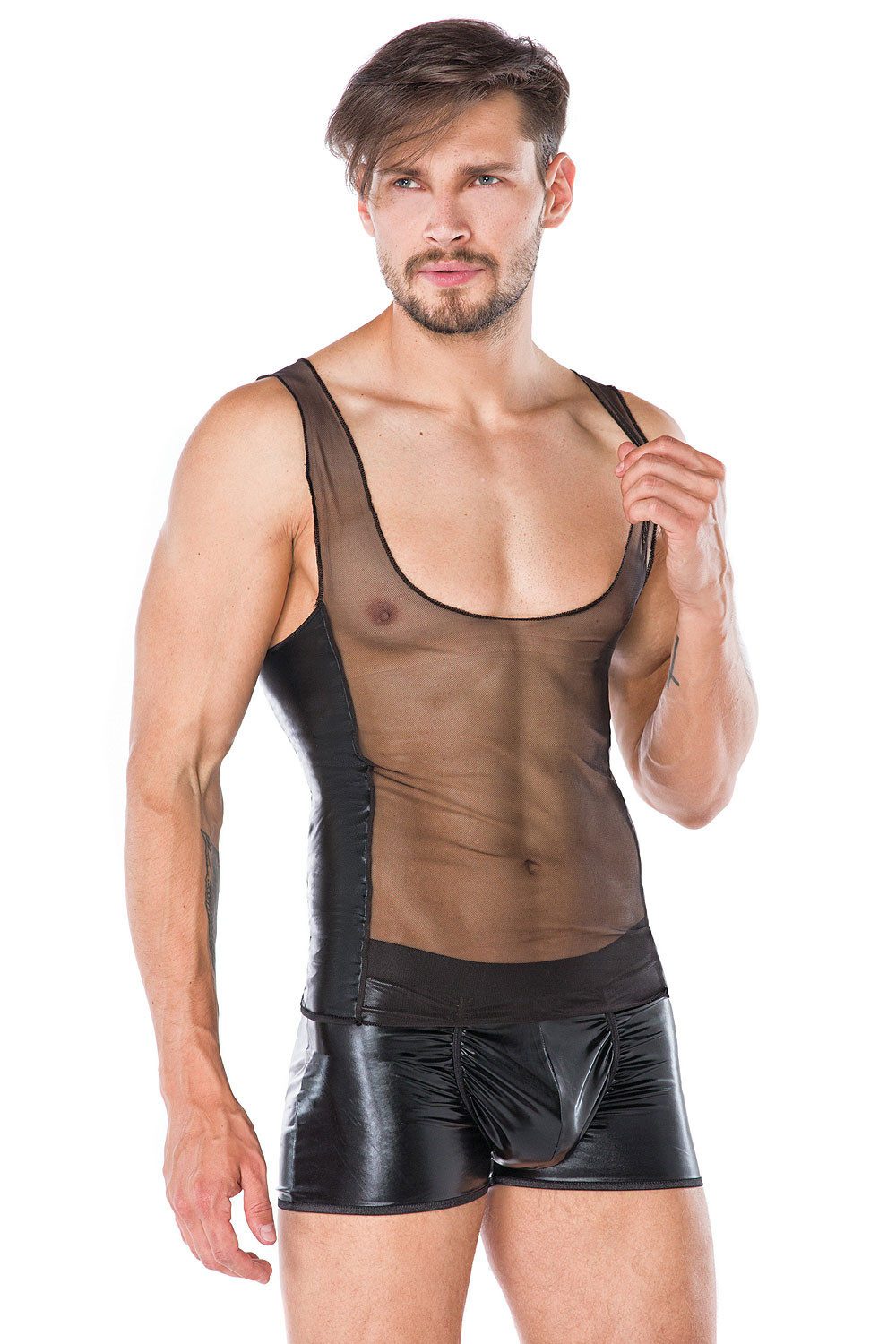 Boxershorts Herren wetlook Dessous Set aus Hemd und Boxer-Shorts in schwarz transp