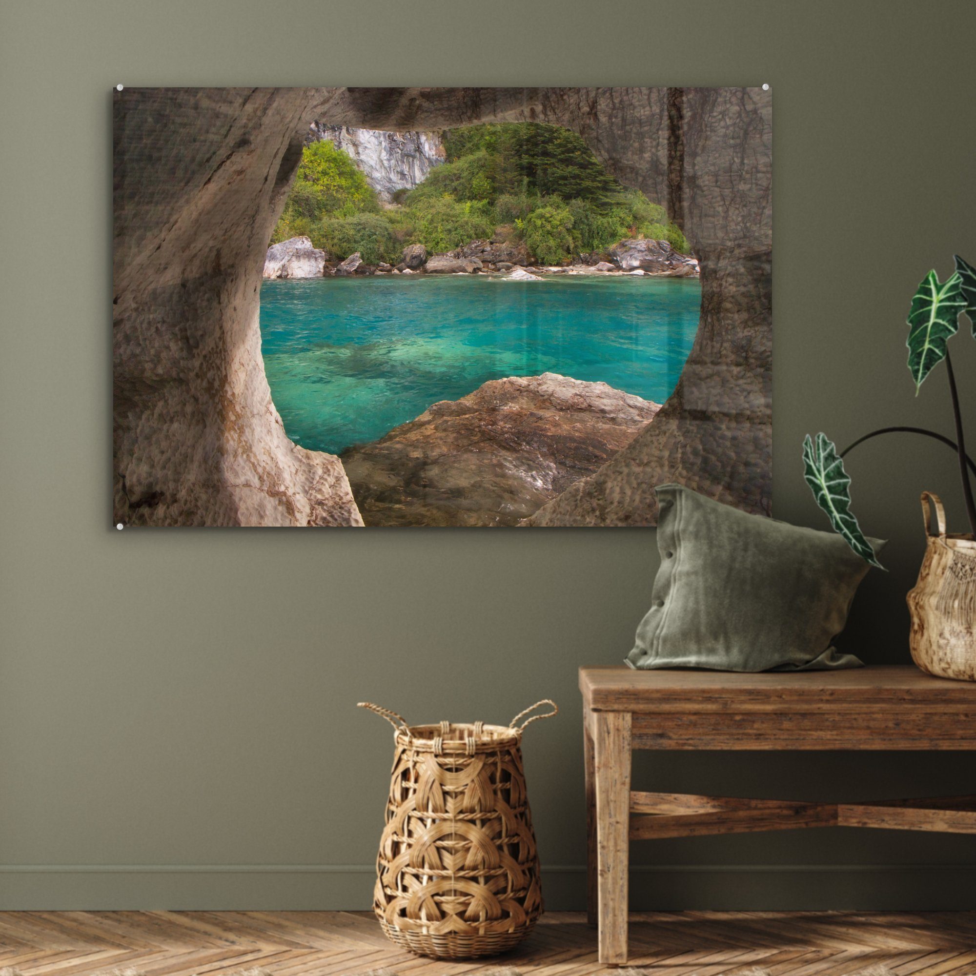 Blick Schlafzimmer auf St), Acrylglasbild Wohnzimmer Landschaft, (1 Acrylglasbilder Marmorhöhlen den von & MuchoWow grüne die