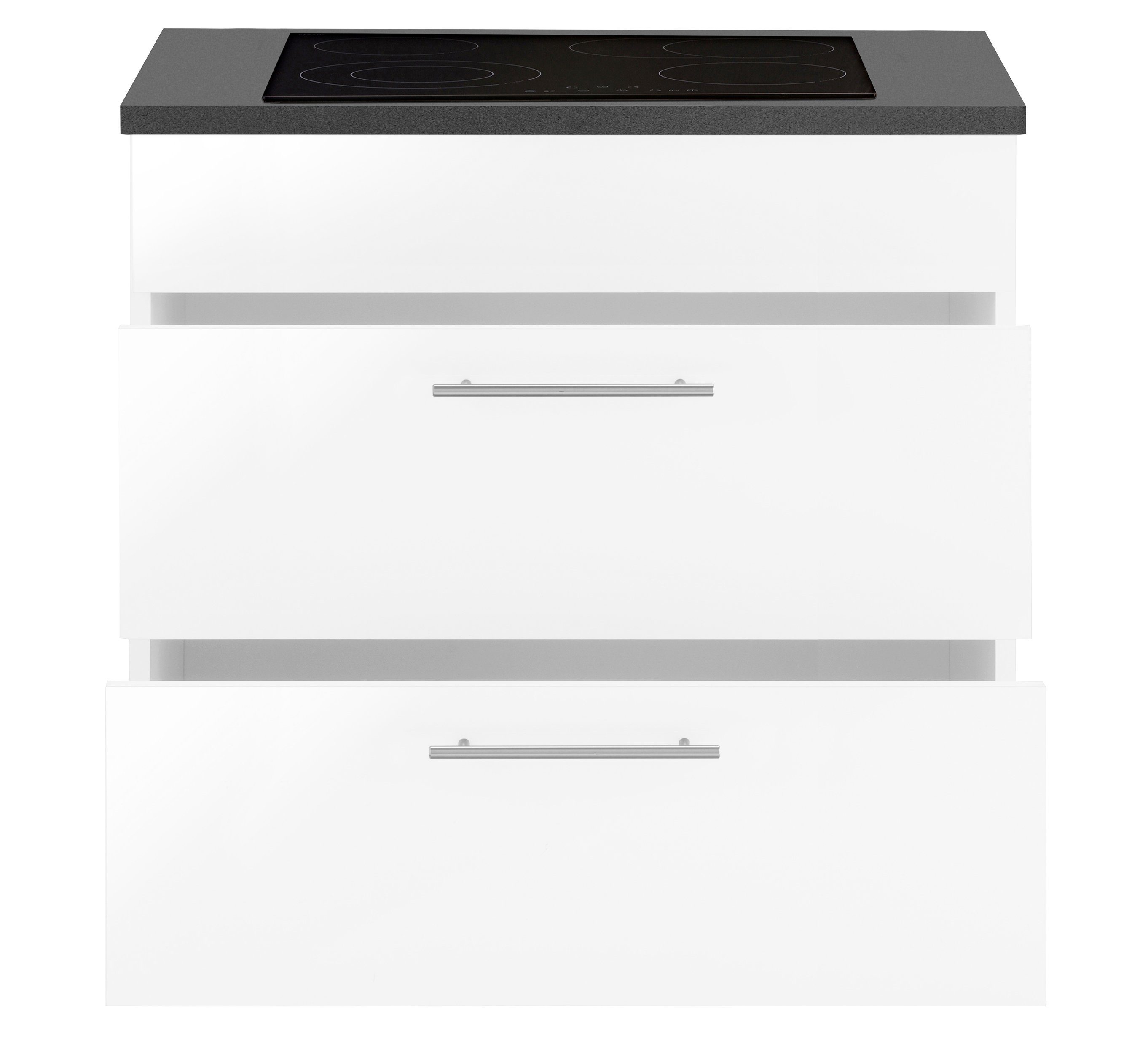 | Front: wiho Cali Weiß Weiß cm Küchen breit Arbeitsplatte: Grau Granit 90 Kochfeldumbauschrank Glanz, Weiß, Korpus: