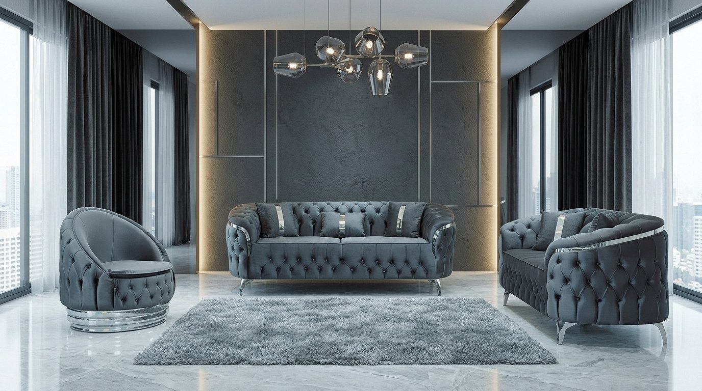 JVmoebel Chesterfield-Sofa Chesterfield Graue Polstergarnitur Designer Sitzgruppe Stoffsofas, 3 Teile, Made in Europa