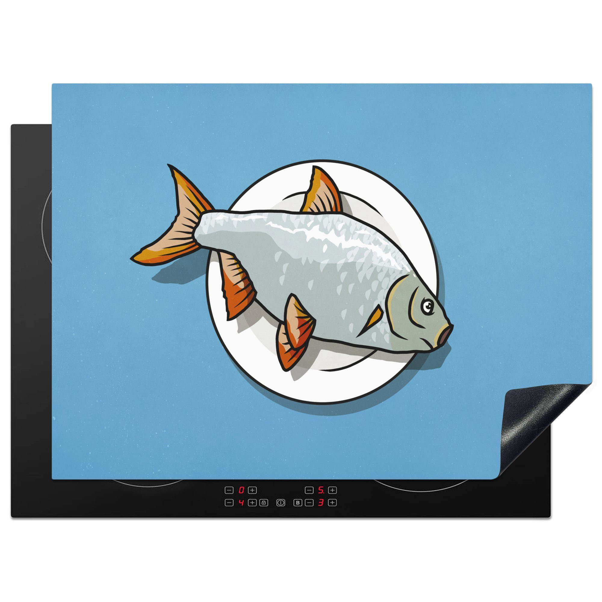 MuchoWow Herdblende-/Abdeckplatte Fisch - Teller - Zeichnung, Vinyl, (1 tlg), 71x52 cm, Induktionskochfeld Schutz für die küche, Ceranfeldabdeckung