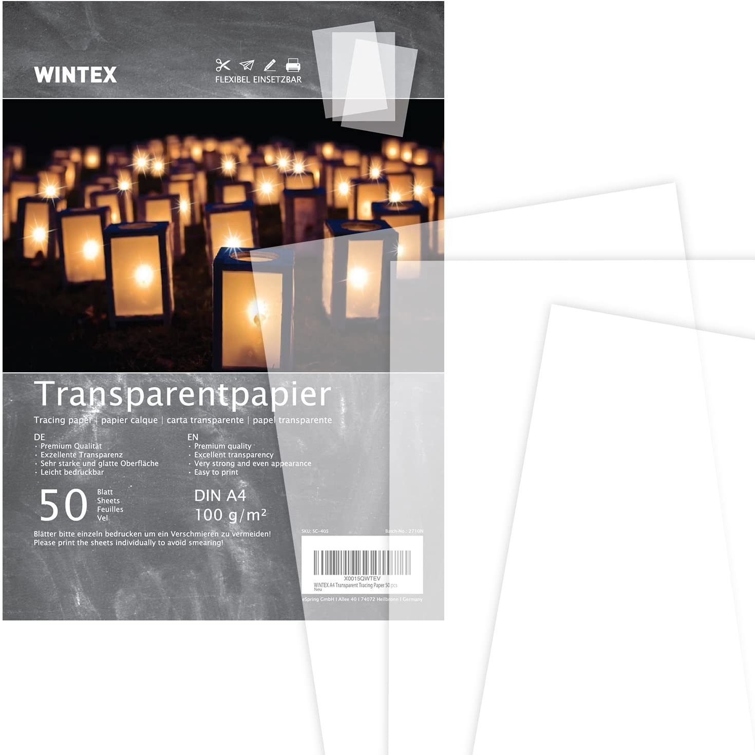 WINTEX Transparentpapier Transparentpapier DIN A4 50 Blatt 100g/qm, Transparentpapier A4 50 Blatt 100g/qm