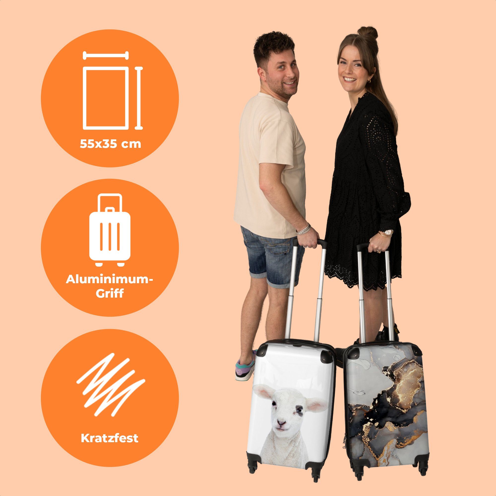 Kleine - Trolley - Weiß 4 Natur, Rollkoffer Rollen, mit Rollen Reisekoffer Handgepäck Handgepäckkoffer Tiere 4 - Lamm Cabin 55x35x20cm - NoBoringSuitcases.com©