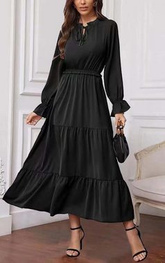 FIDDY Blusenkleid Damen Kleider Elegant V-Ausschnitt Tunika Kleid Lang Freizeitkleid