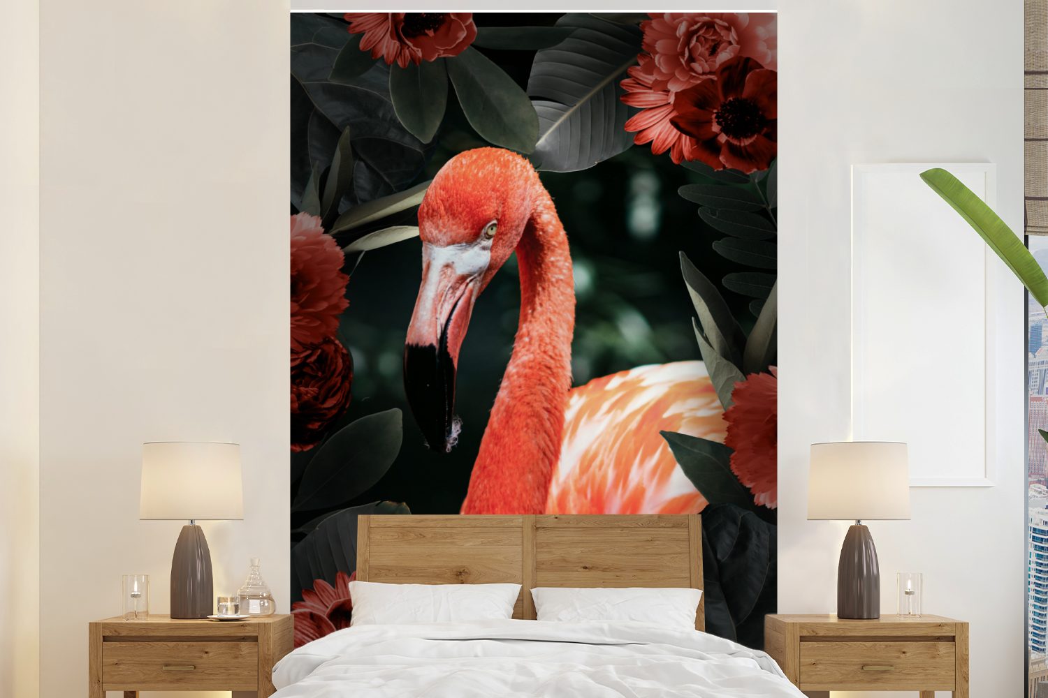 MuchoWow Fototapete Flamingo - Rot - Blume, Matt, bedruckt, (3 St), Montagefertig Vinyl Tapete für Wohnzimmer, Wandtapete