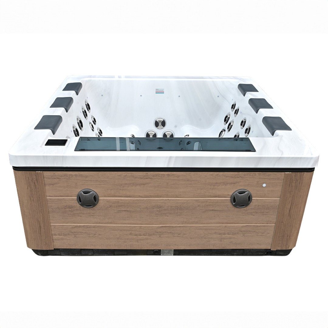 SPA Kompagniet Whirlpool Scandinavic Wood Art "Amrum" Outdoor Whirlpool 6P beleuchtete Düsen, Aufstellbecken, 51 beleuchtete Massagedüsen mit Bluetooth-Musikanlage