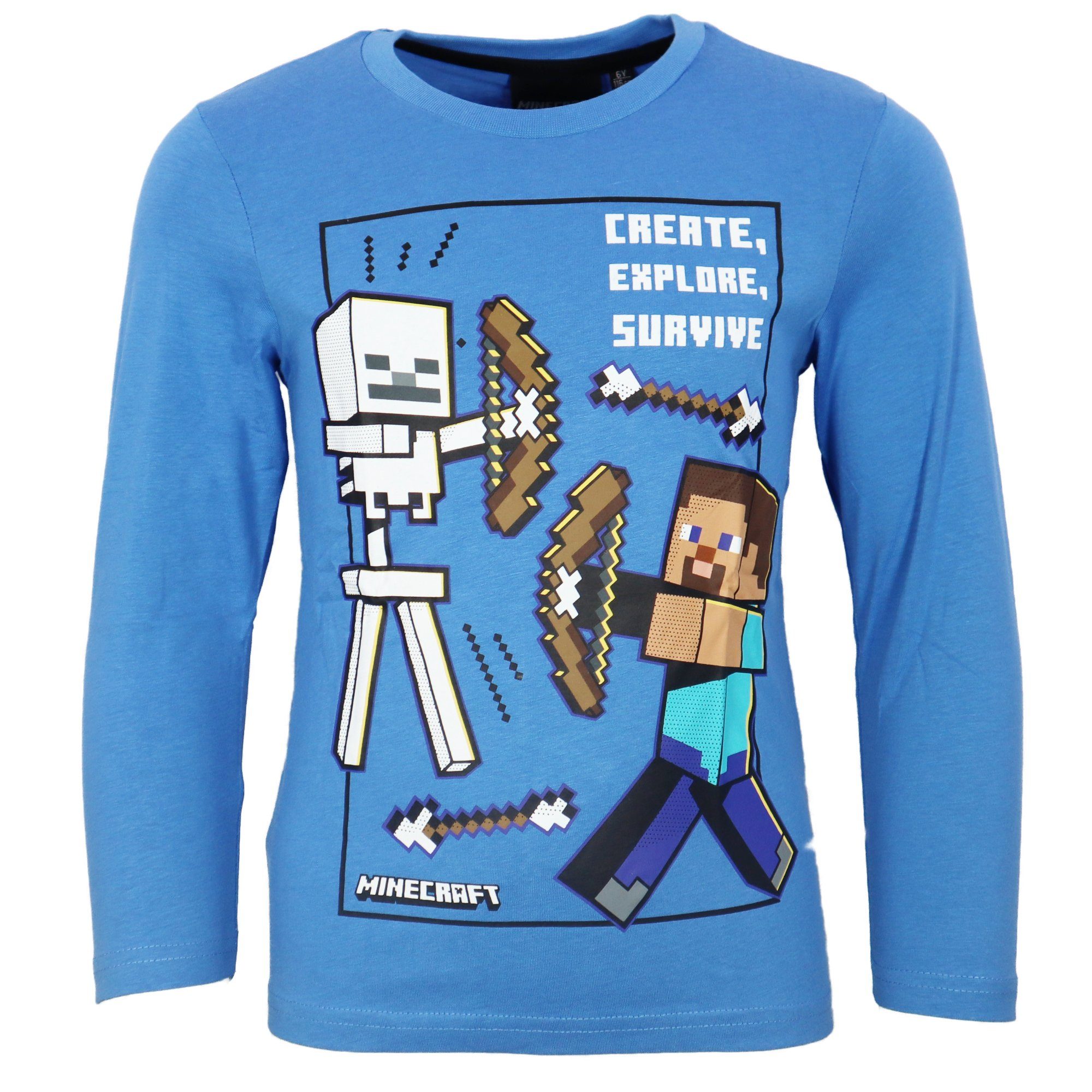 Minecraft Langarmshirt Minecraft Steve Kinder Jungen Baumwolle 116 Gr. 100% Langarm Skelett Shirt bis 152