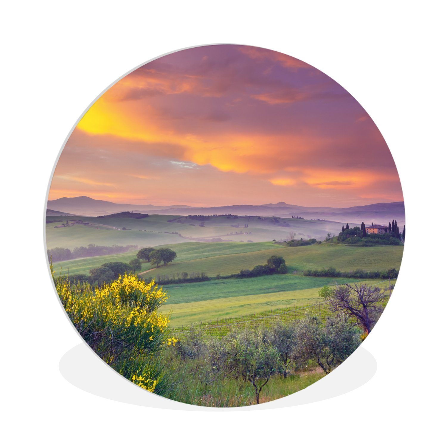 Landschaft Toskana, Wanddekoration MuchoWow Forex, Wandbild, St), 30x30 cm Nebel Gemälde - Wohnzimmer, (1 Himmel - - Rundes Kreis