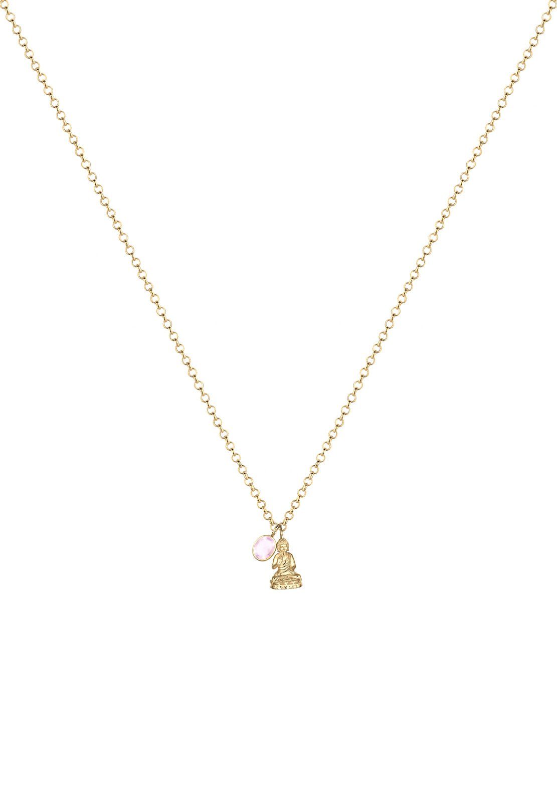 Elli Premium Kette mit Anhänger Buddha Solitär Quarz Rose 925 Sterling Silber vergoldet, Buddha