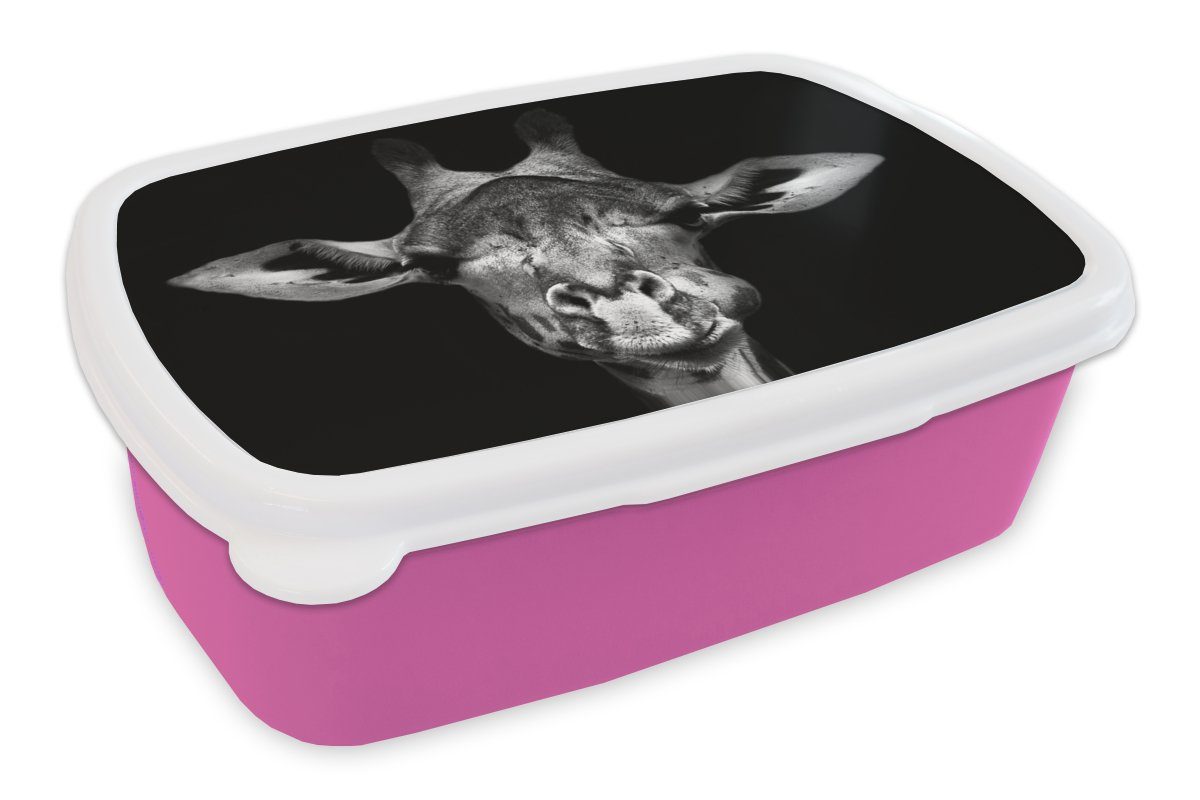 MuchoWow Lunchbox Giraffe - Porträt - Tiere - Schwarz - Weiß, Kunststoff, (2-tlg), Brotbox für Erwachsene, Brotdose Kinder, Snackbox, Mädchen, Kunststoff rosa