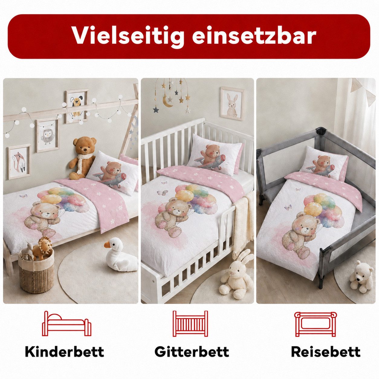texpot Bettwäsche Kinderbettwäsche Teddybär bedruckt Garnitur, Baumwolle, 2 teilig – Bild 3 von 5