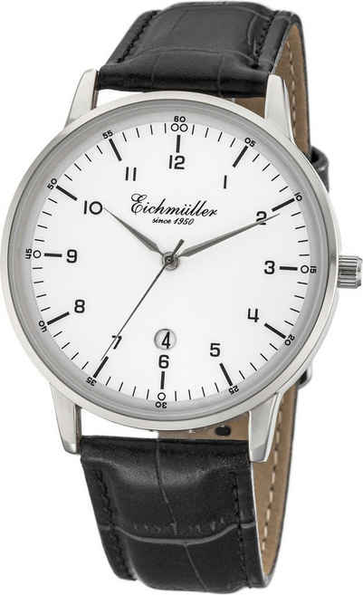 Eichmüller Quarzuhr Herrenuhr RE1110 Weiss Lederband Schwarz 40 mm