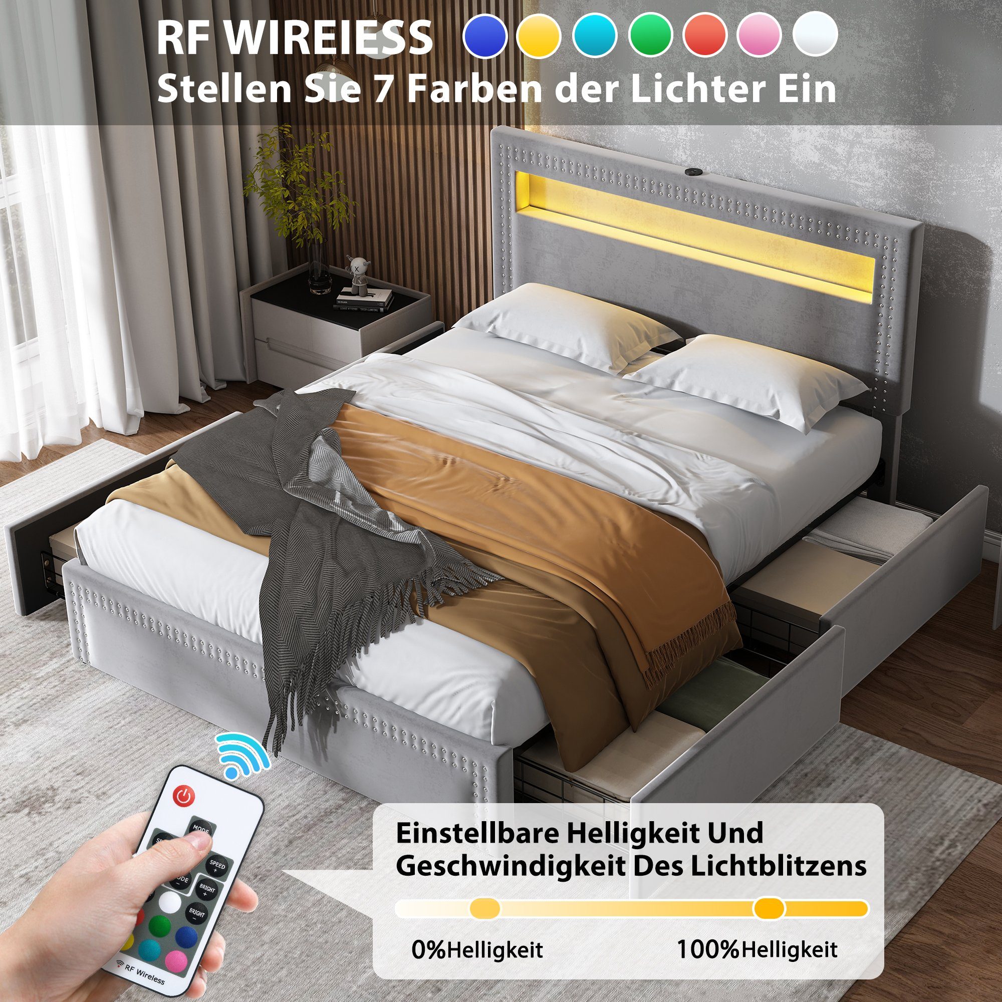 Polsterbett (140 x 200 cm Bett mit 4 Schubladen, LED Beleuchtung und USB-Anschluss), Doppelbett mit Lattenrost und Fernbedienung, hohem Kopfteil, Samt