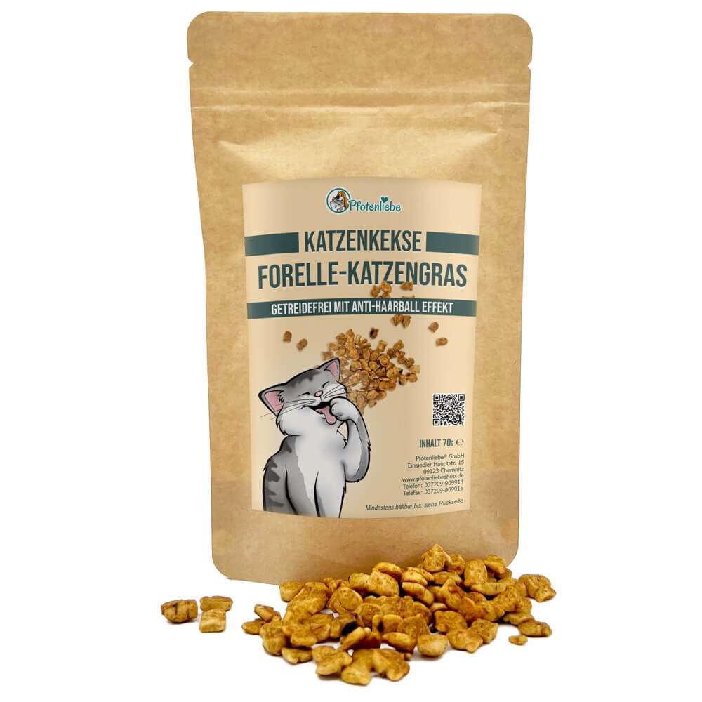 Pfotenliebe Katzenkekse Forelle & Katzengras - getreidefrei, Snack für: Katzen, getreidefrei, Anti Hairball-Effekt