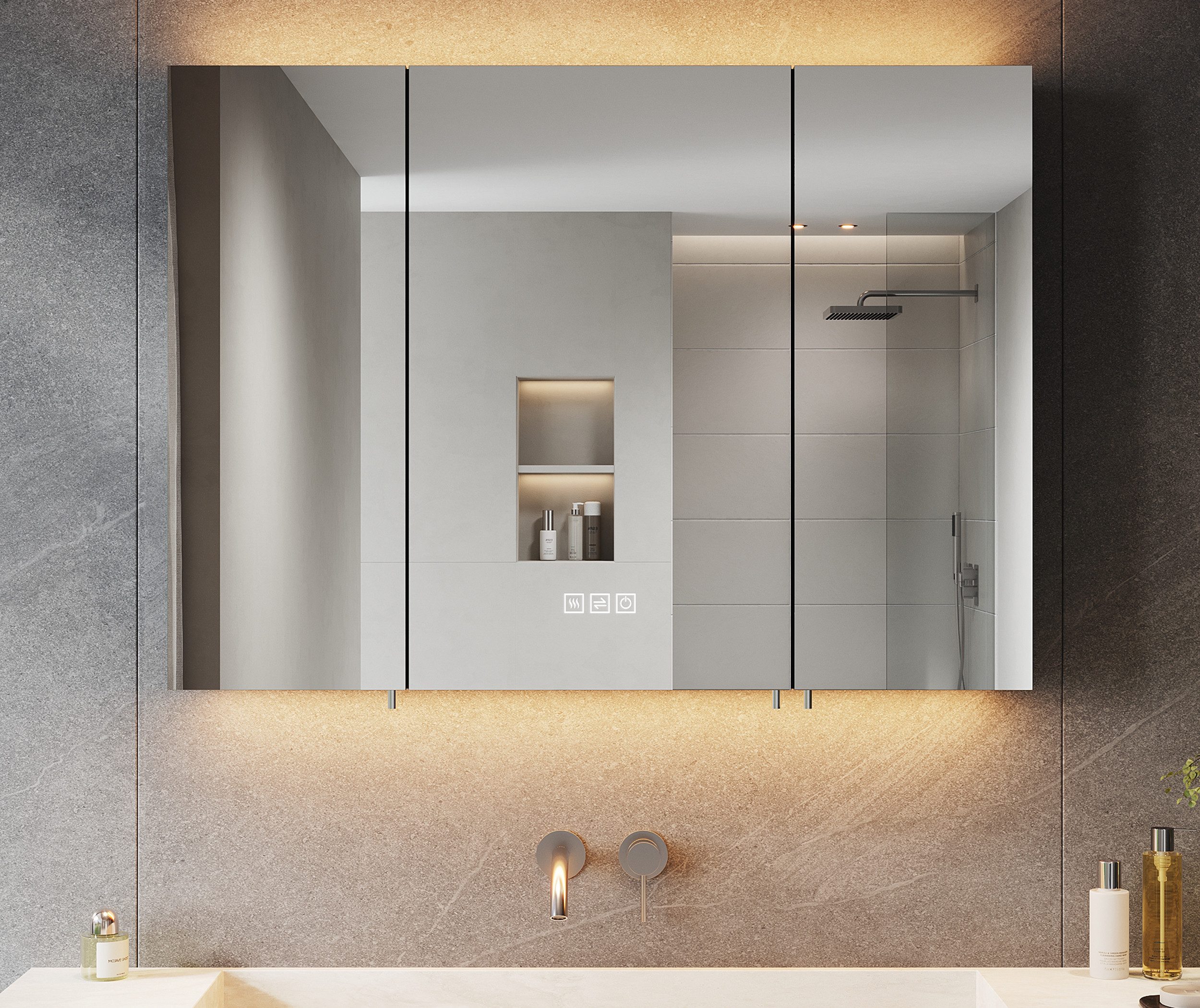 SONNI Badezimmerspiegelschrank Badezimmerspiegelschrank mit Beleuchtung und Lagerung, Spiegelschrank mit 3 Lichtfarben, Anti-Beschlag-Funktion,flexible Fächer, 90x65cm