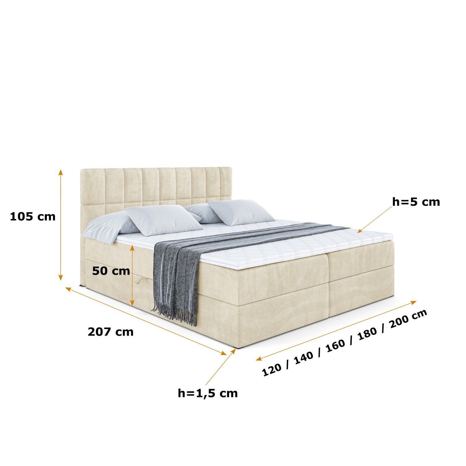 ALTDECOR Boxbett MIAMI (Multipocket-Matratze H4, H3 Matratze Bonellfederung, Topper, Kopfteil)