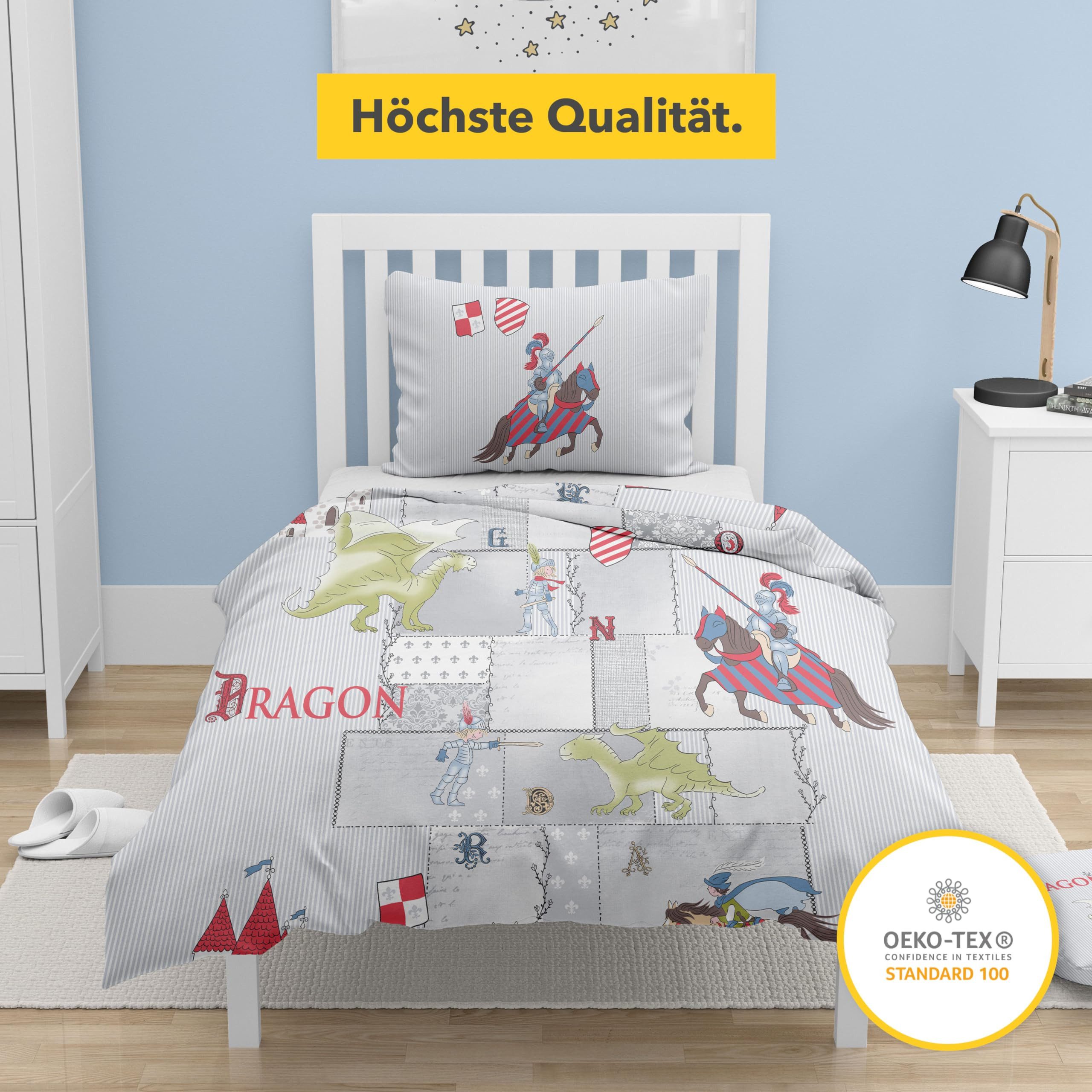 Träumschön Jugendbettwäsche Premium Set aus Baumwolle 135x200 cm, Ritter und Drachen Muster, Baumwolle, 2 teilig, mit Reißverschluss, luftig und leichte Sommerbettwäsche für Kinder