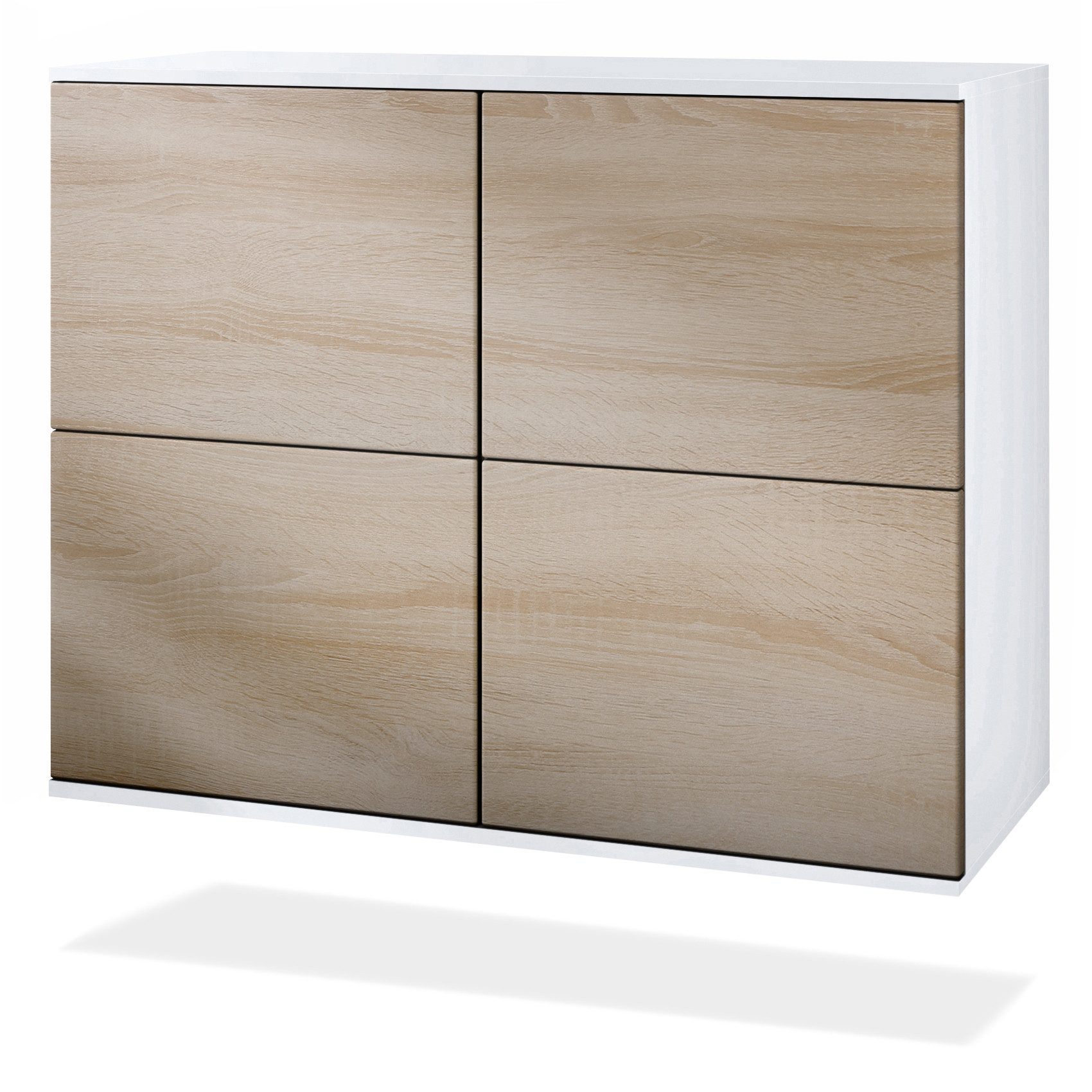 Vladon Kommode Rova V3 (Moderner Küchenschrank, mit 4 Push-to-Open Türen), Weiß matt / Eiche sägerau (92,5 x 73.5 x 35)