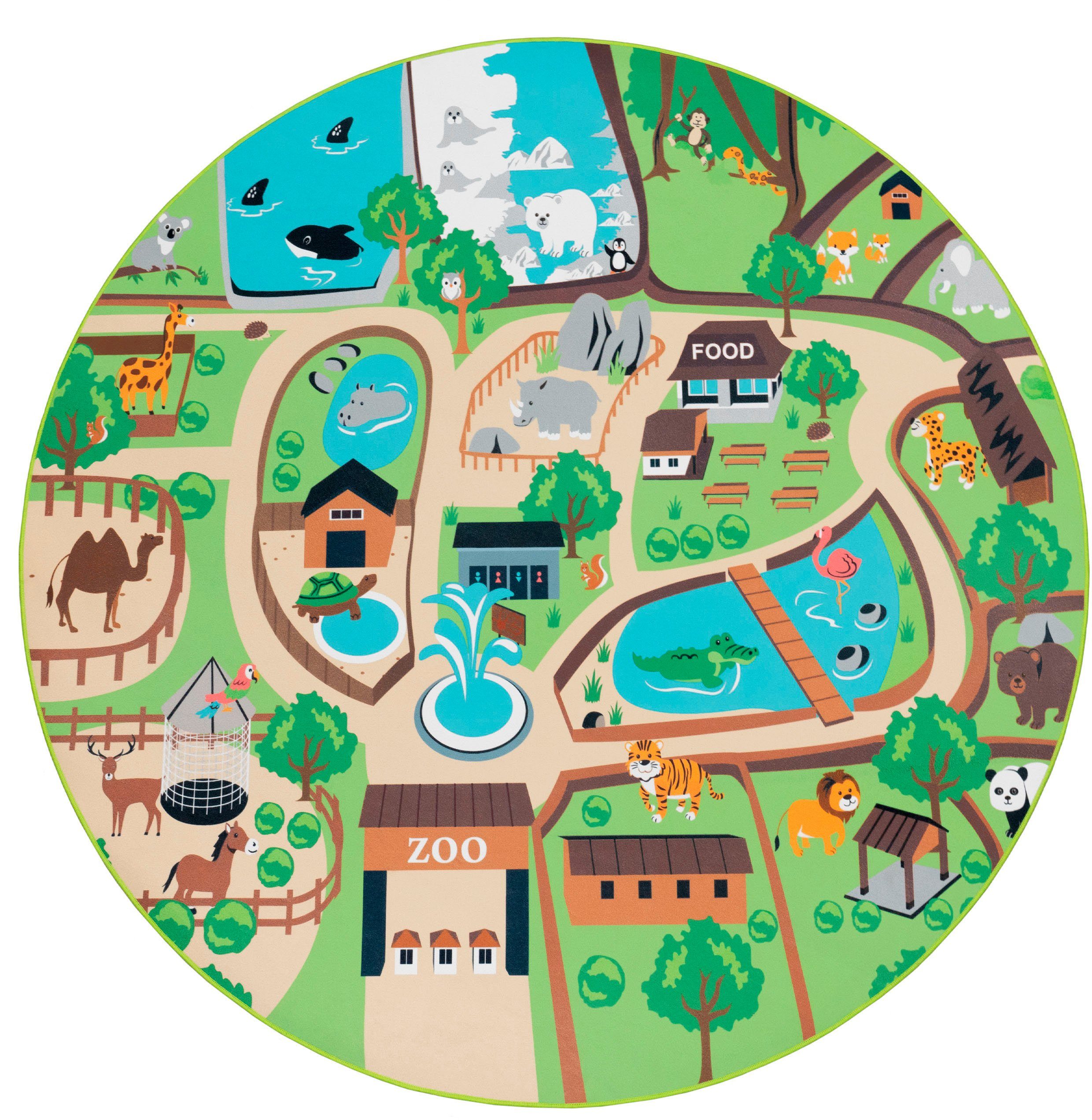 Paco Home Kinderteppich Bino 563, rund, Höhe: 4 mm, Kurzflor, Straßen-Spiel-Teppich, Motiv Zoo, Kinderzimmer
