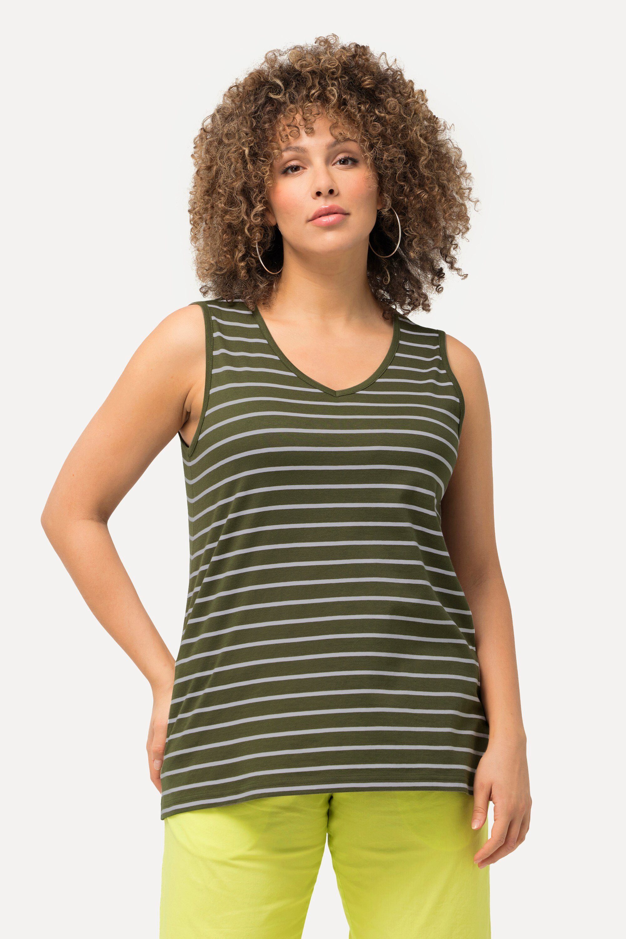Ulla Popken Longtop Top 2er-Pack Ringel/uni V-Ausschnitt ärmellos (2-tlg)