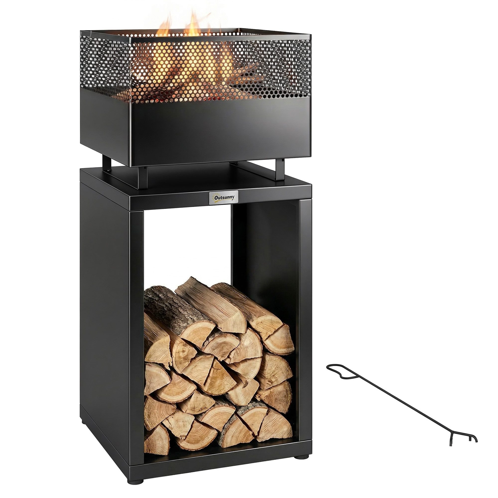 Outsunny Feuerschale mit Holzlager, Kohlegitter, verstellbaren Füßen, (Feuerstelle, 1-St., Feuerschalen), für Garten, Balkon Terrasse, Outdoor
