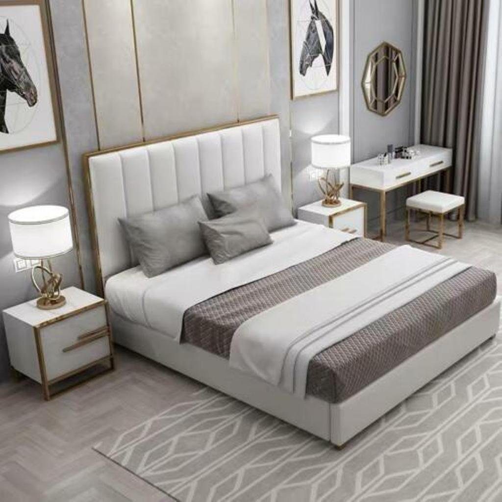 JVmoebel Lederbett, Bett Polster Design Luxus Doppel Betten Beige180x200cm Schlaf Zimmer Weiß
