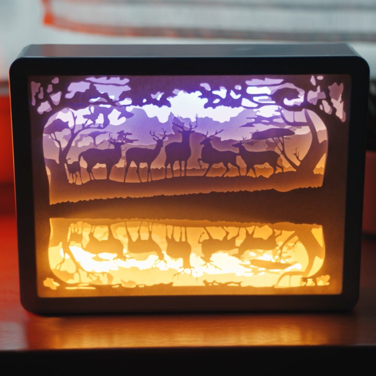 kabellose LED Shadowbox, Nachtlicht, 3D fest integriert, LED 21x5x16cm, Wohnaccessoire, Warmweiß, Papercut Dekoration CiM Deer, - Lichtbox RECTANGLE