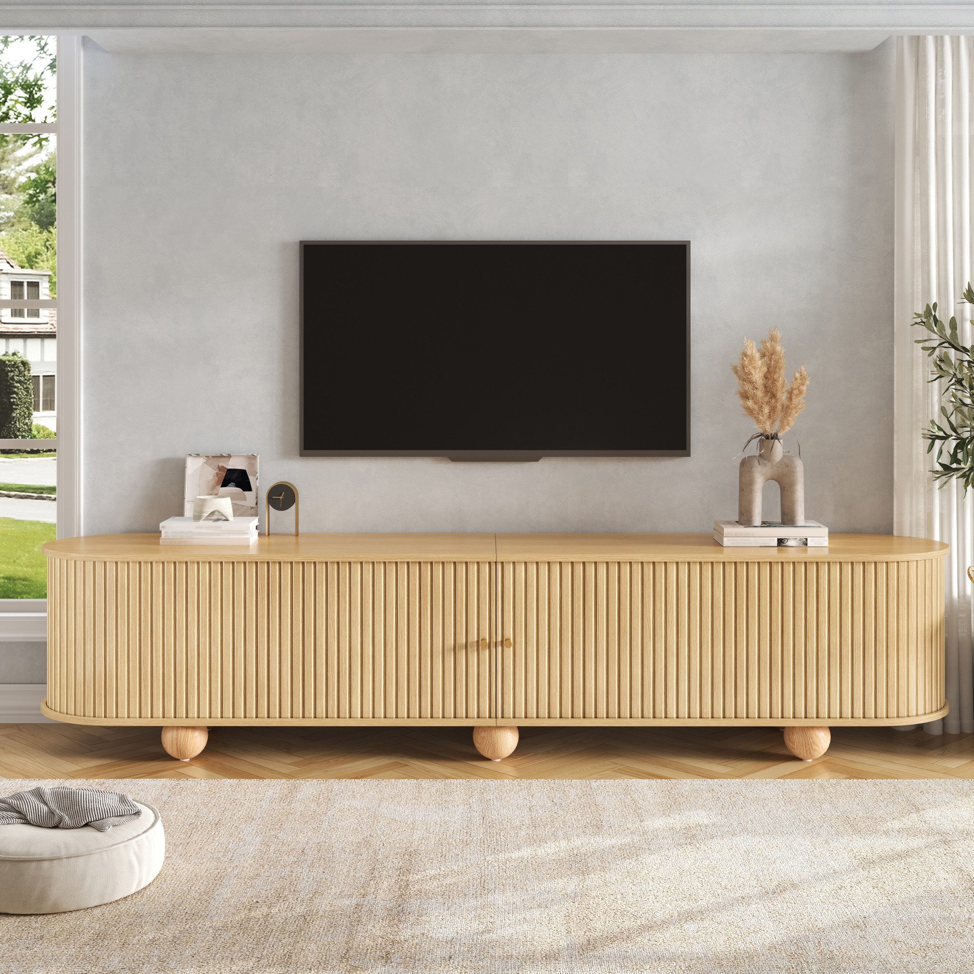 Celya TV-Schrank RundungenTV Lowboard mit Schiebetüren (Retro TV Möbel, Wohnzimmermöbel, mit Kugelfüße) Geeignet für Wohnzimmer